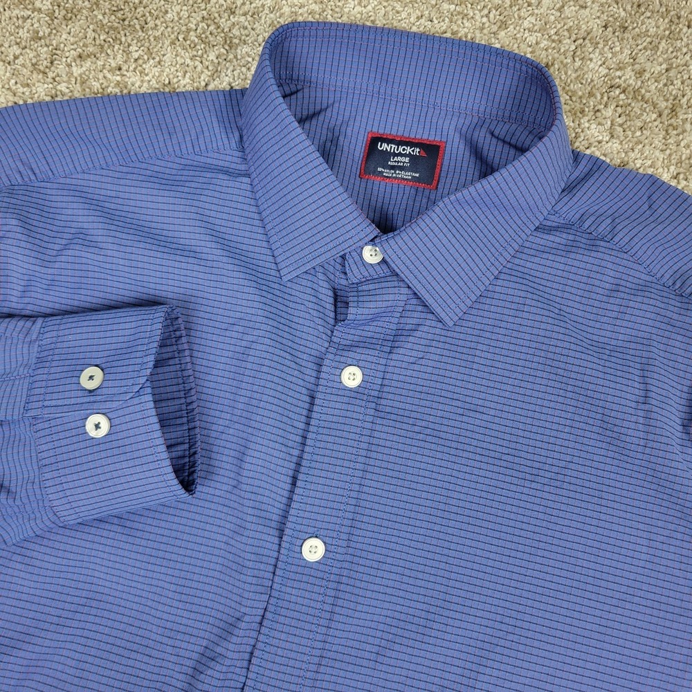 Untuckit Regular Fit Mens Large Blue Striped Performance Stretch Button Up LS